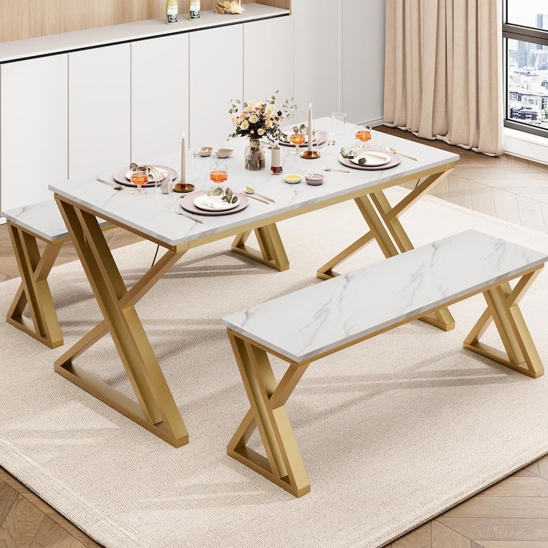Kitchen Room Dining Table Set with Benches for 4 for Kitchen, Apartment, Studio - White