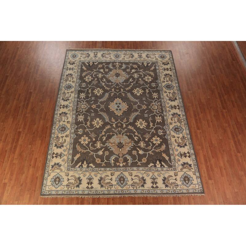 Brown Floral Oushak Indian Area Rug Hand-Knotted Wool Carpet - 9'0"x 11'10"
