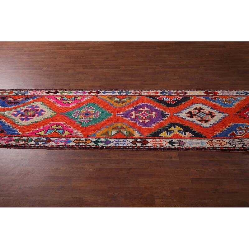 Orange Tribal Anatolian Oriental Runner Rug Handmade Silk Carpet - 3'0"x 13'3"