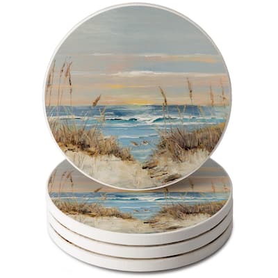 Shore Welcome 4 Pack Round Absorbent Stone Coasters with Protective Cork Backing Manufactured in The USA