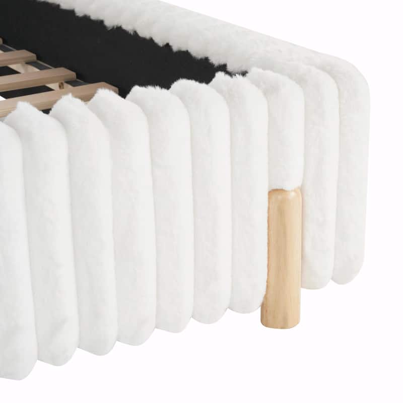 Sleek White Bouclé Upholstered Bed with Wavy Headboard & Vertical Stitching