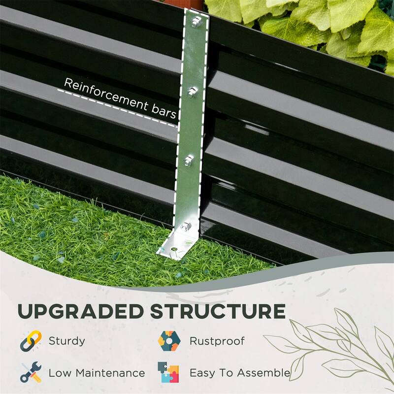 Black Steel Raised Garden Planter with Tomato Cages and Drainage - 70.75" L x 35.5" W x 11.5" H