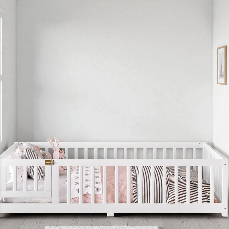 Twin/Full/Queen Size Wood Floor Bed with Door and Guardrails for Kids, Montessori Bed with Removable Slats