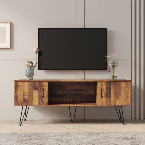TV Media Stand, 60 inch Wide , Modern Industrial, Living Room Entertainment Center, Storage Shelves and Cabinets