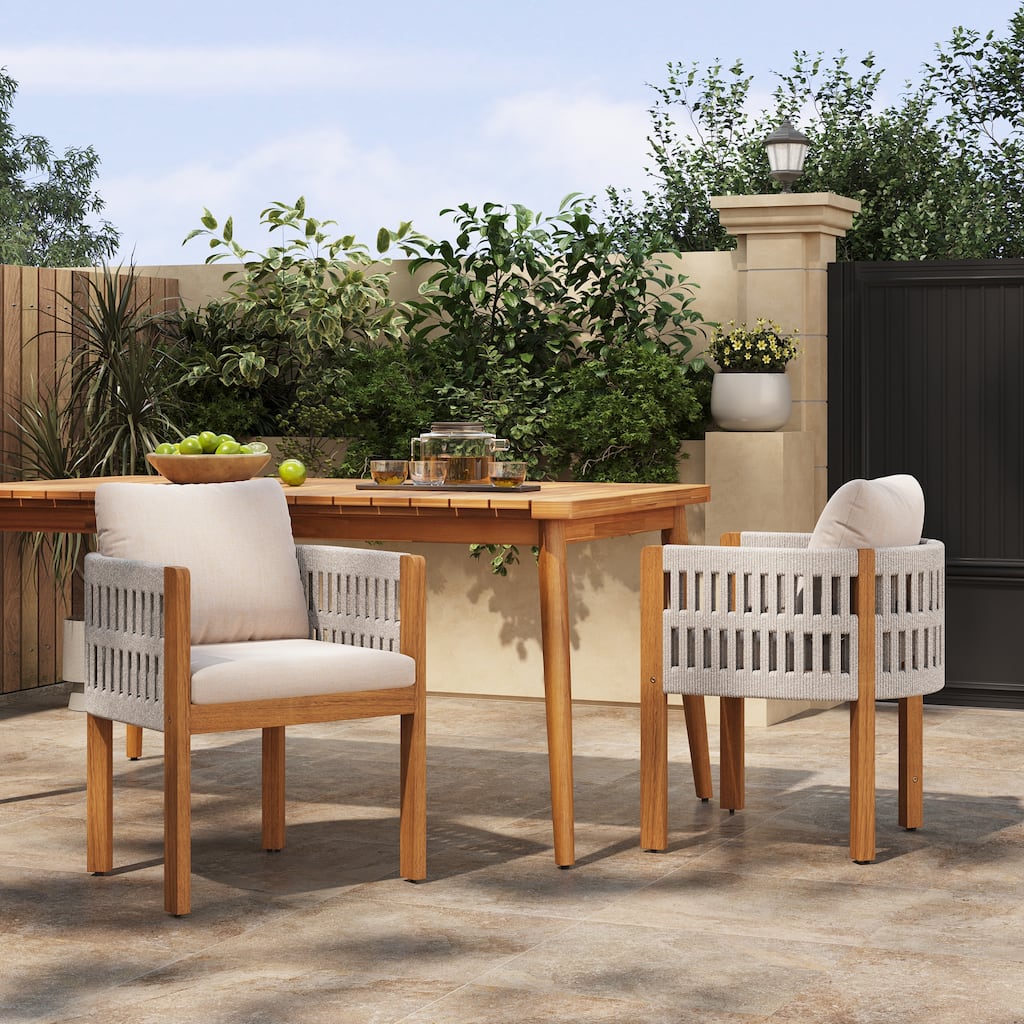 Roomfitters 22" Set of 2 Acacia Wood Outdoor Dining Chairs, Woven Rope Backrest with Upholstered Cushions
