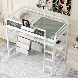 Twin Size Loft Bed with Desk and Blackboard, Pine Wooden Bed with Storage Box, Kid's Bed with Shelf and 3 Drawers, White