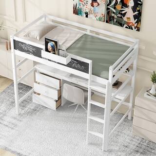 Wood Twin Loft Bed with Desk, Blackboard, 3-Drawers and Storage Box, White