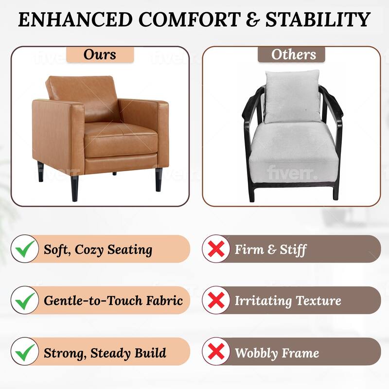 Premium Cowhide Leather Accent Chair – High-Density Cushions, Spacious Seating, and Mid-Century Modern Design