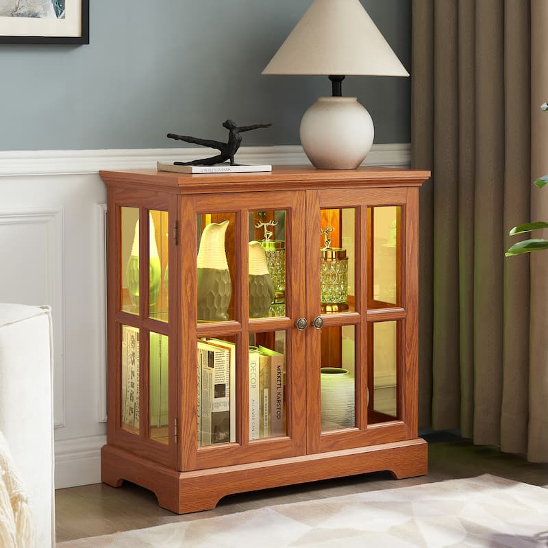LED Curio Display Cabinet, Showcase with Adjustable Shelves & Lattice Doors, Multi-functional Glass Storage Cabinet