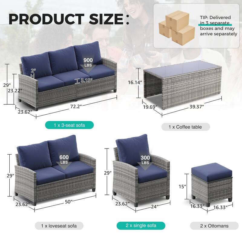 7pcs Wicker Patio Conversation Set Seating Loveseat Sofa with Ottomans