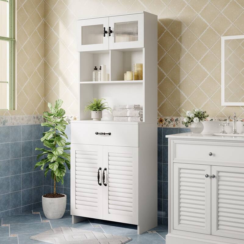 Water-Resistant MDF Bathroom Vanity with Louvered Doors, Tempered Glass Top Cabinet, and Decorative Hardware
