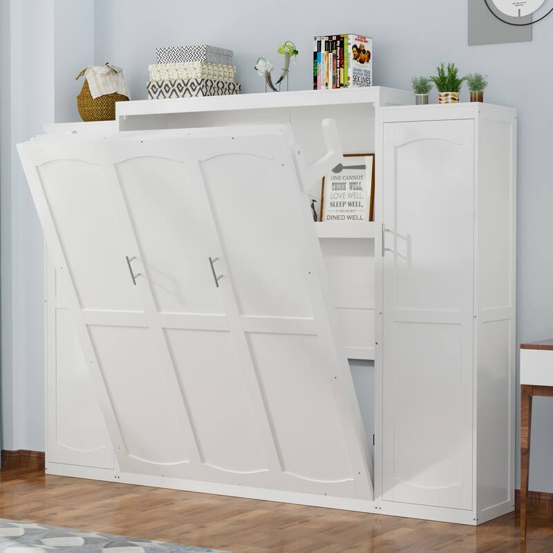 White Full Size Murphy Bed w/ 2 Wardrobe & Storage Shelf, Multifunctional Foldable Platform Bedframe for Guestroom, Bedroom