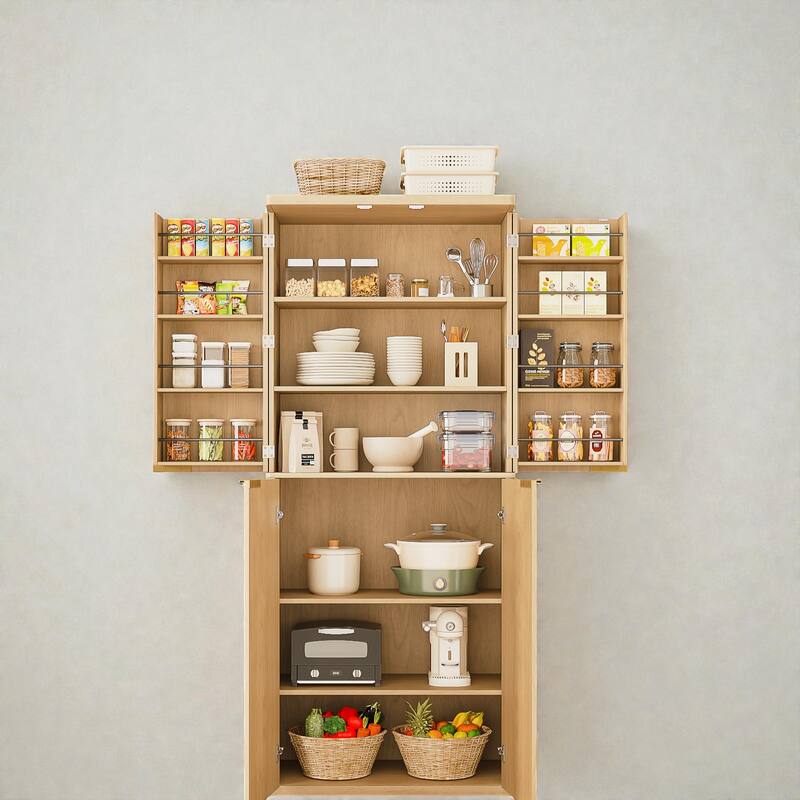 72" Tall Modern Fluted Wood Kitchen Pantry Cabinet with Doors, 6 Shelves & Door Storage for Kitchen or Dining Room