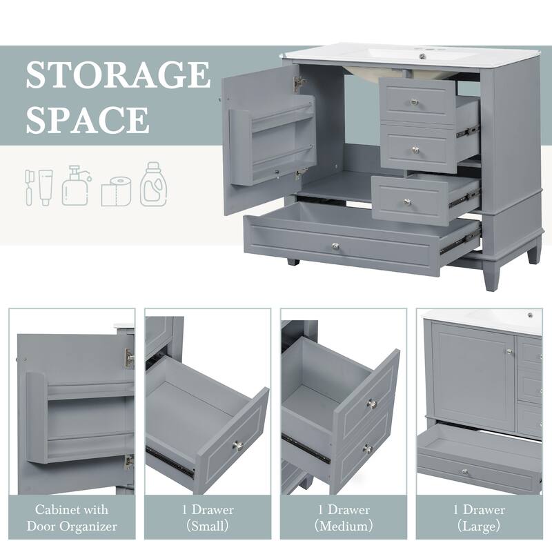 Roomfitters 36" Bathroom Vanity with Ceramic Sink, Solid Wood Frame, 3 Drawers & Soft-Close Door with Racks