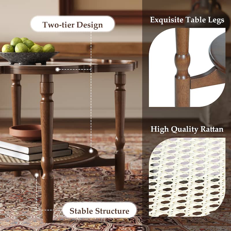 Mid-Century Style Coffee Table with Petal Shape and White Crackle Pattern Glass, 2-Tiered Coffee Table with Rattan,Walnut, 31.5"