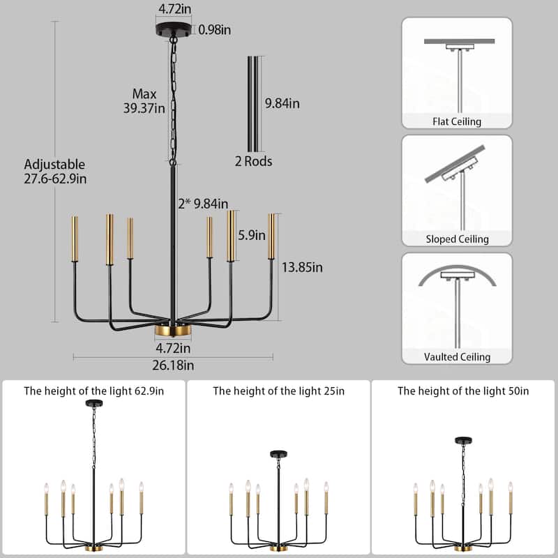 6-Light W26.18" x H66.92" Candle Chandelier for Living Room Kitchen Island