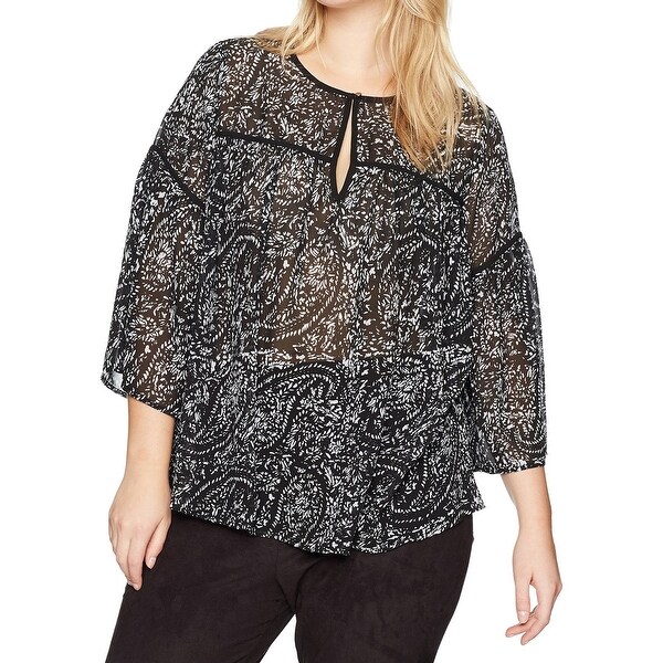 Lucky Brand Black Womens Size 1X Plus Sheer Floral-Print Blouse