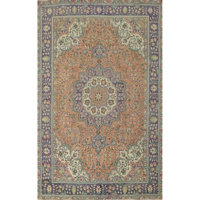 Hand Knotted Oriental 100% Wool Carpet Traditional Floral Oranges & Rust Tabriz Area Rug - 9' 9'' X 6' 7''