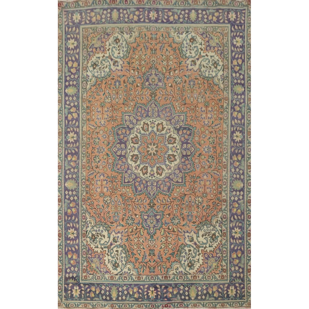 Hand Knotted Oriental 100% Wool Carpet Traditional Floral Oranges & Rust Tabriz Area Rug - 9' 9'' X 6' 7''
