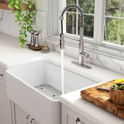 Farmhouse/Apron-Front Single Bowl Fireclay Kitchen Sink with 3-Function Pull-Down Kitchen Faucet, Grid, and Basket Strainer