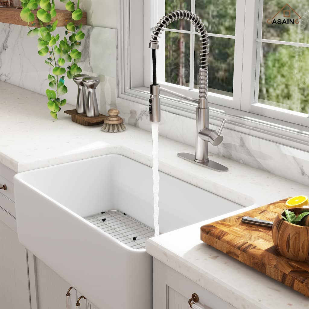 Farmhouse/Apron-Front Single Bowl Fireclay Kitchen Sink with 3-Function Pull-Down Kitchen Faucet, Grid, and Basket Strainer
