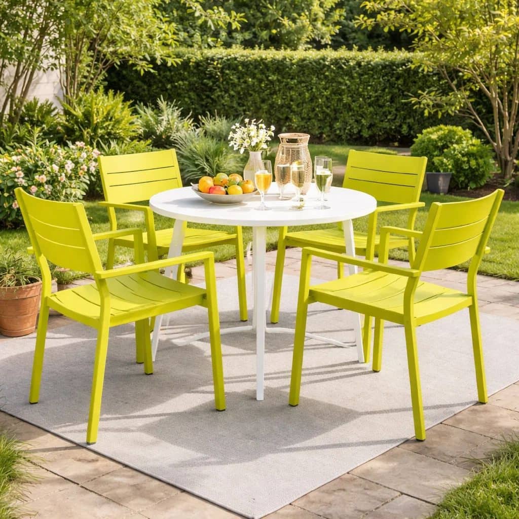 Meta 22 Inch 6 Piece Dining Chair Set, Green Aluminum Frame, Stackable