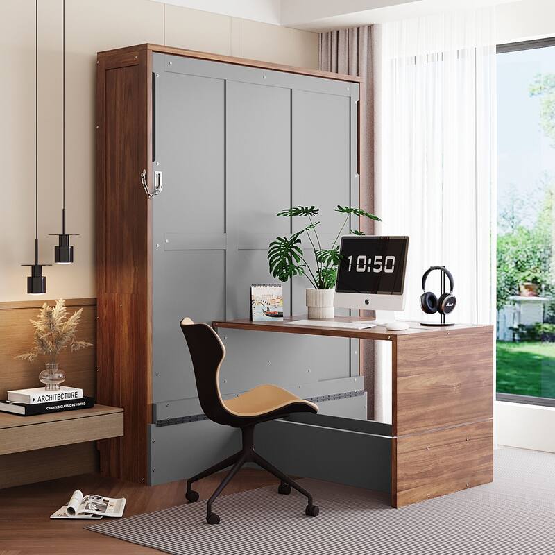 T-shaped Full Size Murphy Bed with Integrated Foldable Desk - Grey - Full