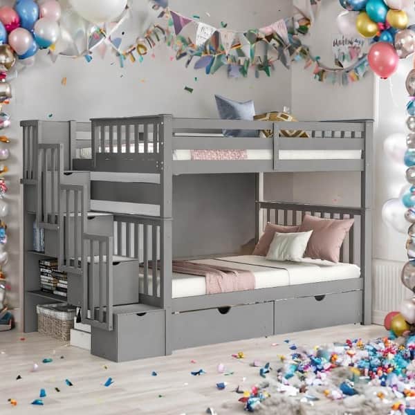 slide 2 of 24, Full-Over-Full Bunk Bed with 6 Drawers & Shelves Gray