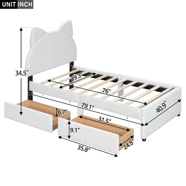 Platform Bed with Cartoon Ears Shaped Headboard & 2 Drawers, PU Upholstered Platform Bed with Slats Support for Kids Boys, Girls