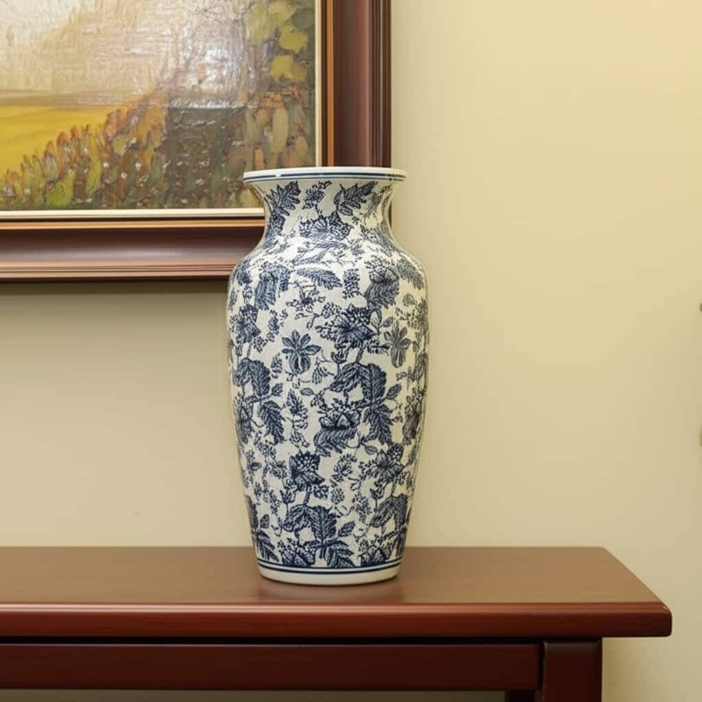 24" Blue And White Chinoiserie Porcelain Urn Table Vase - 11.80