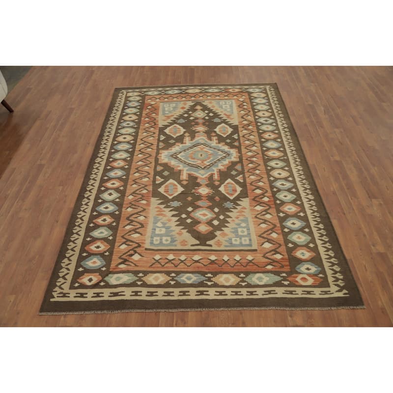Hand Woven Oriental 100% Wool Carpet Southwestern Tribal Brown Kilim Area Rug - 9' 6'' X 6' 5''