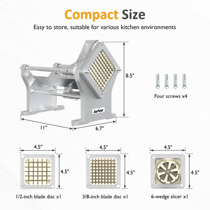 French Fry Cutter with 1/2 Inch and 3/8 Inch Blades, 6-wedge Slicer, Stainless Steel