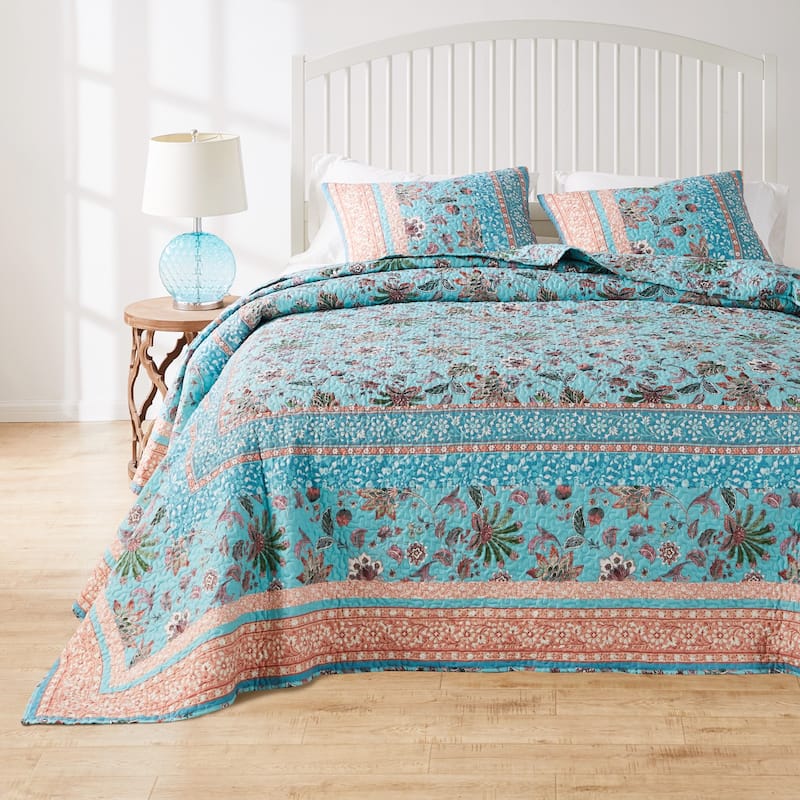 Barefoot Bungalow Audrey Cotton-Rich Reversible Quilted Bedding Set - Turquoise - Oversized King