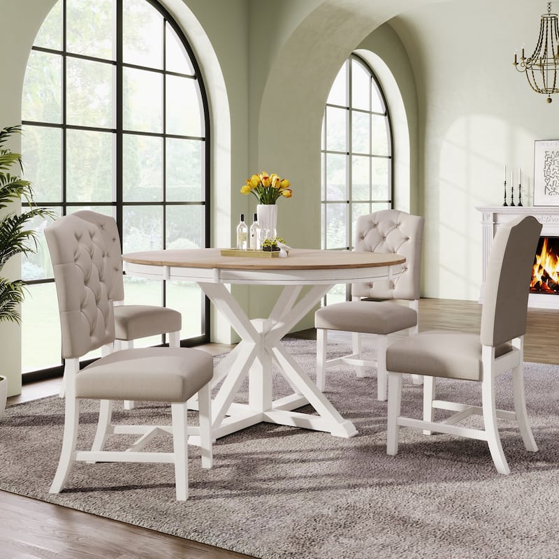 5 Pcs Wooden Round Dining Table Set, Kitchen Dining Table Chair Set with Extendable Table and 4 Upholstered Chairs - Oak Natural Wood + OFF White
