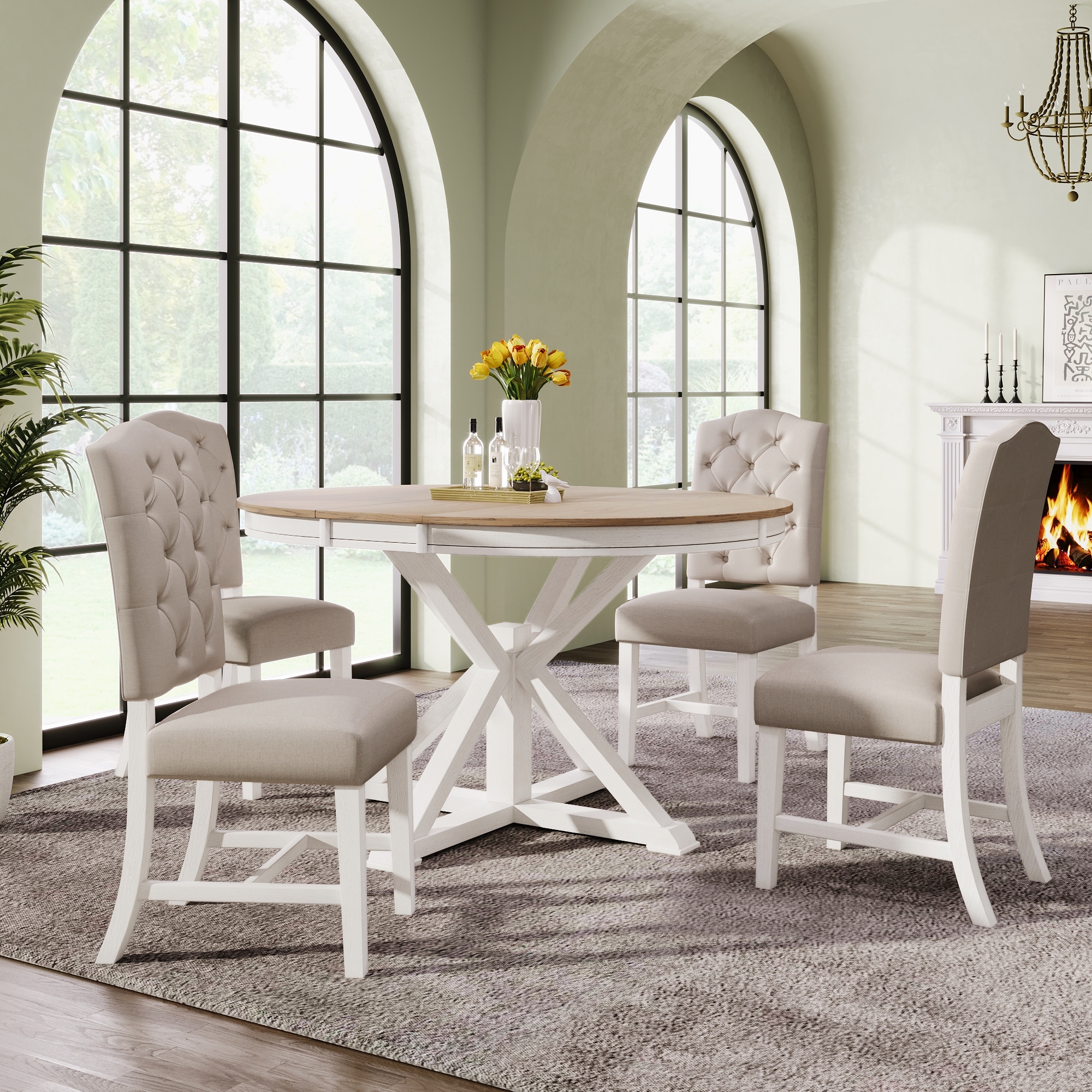 5 Piece Retro Style Dining Set with Extendable Table and 4 Upholstered Chairs for Living Guest Room Home Bar Kitchen