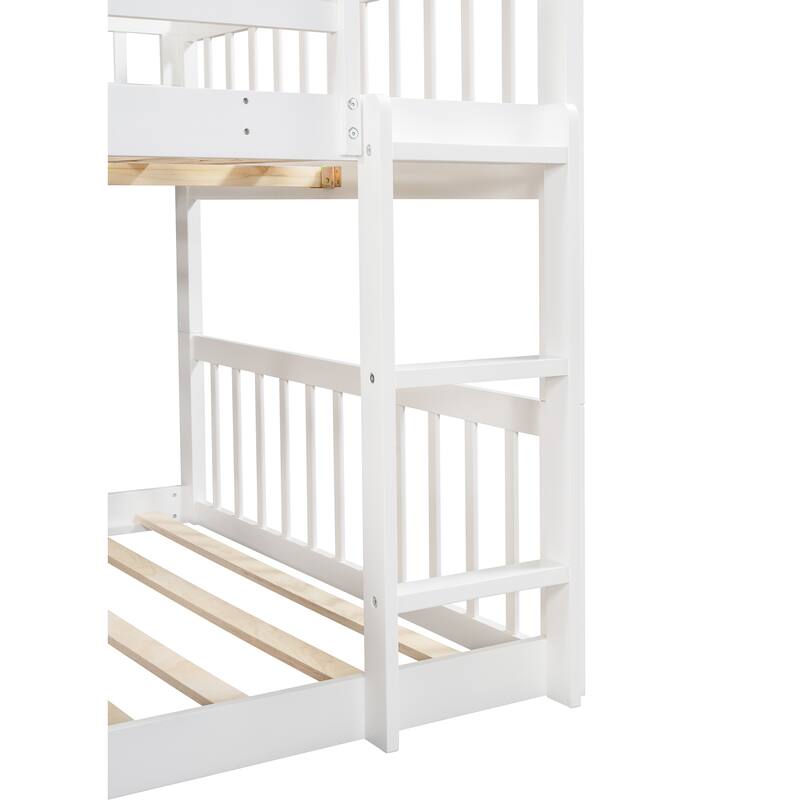 White Full-over-Full Pine Wood Triple Bunk Bed with Ladder & Slide