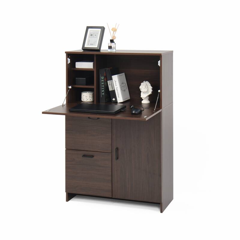 Foldable Desk Cabinet with Storage Drawer & Shelves, Space-Saving Wall Storage Cabinet Buffet Cabinet