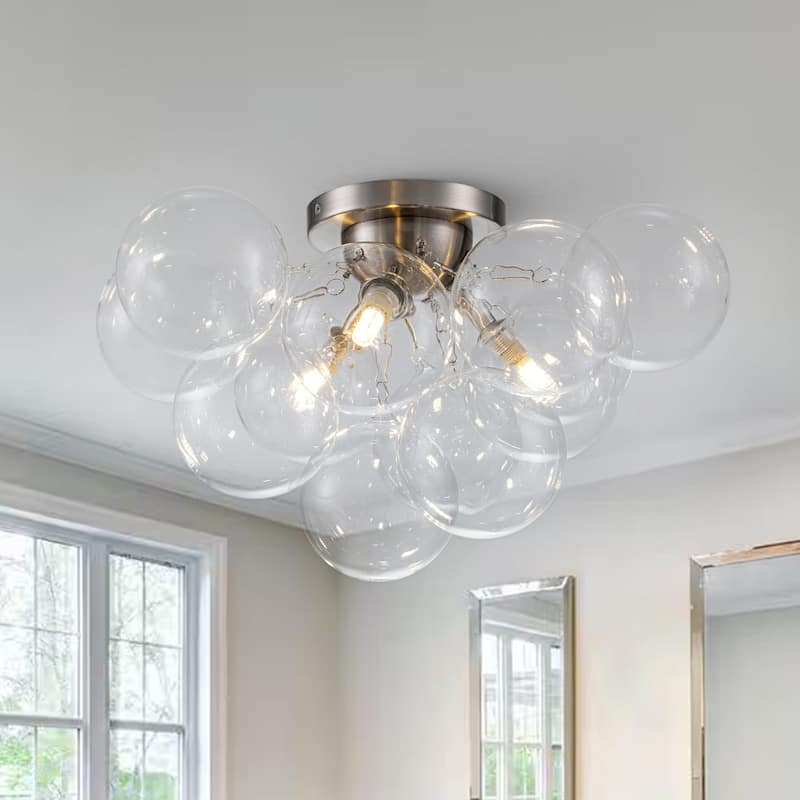 3-Light Clear Glass Globe Bubble Semi Flush Chandelier - Brass 18in