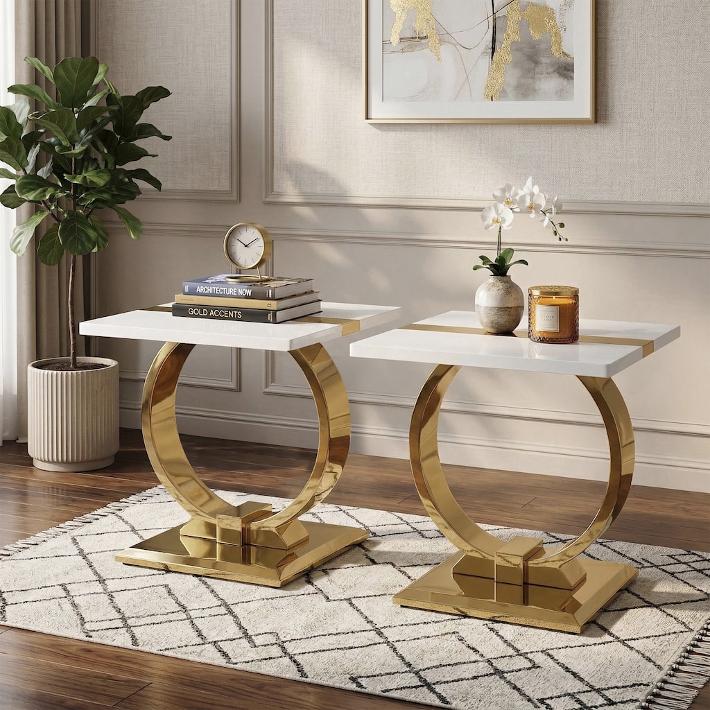 Furniture of America Carra Modern Stainless Steel O-Shaped Trestle Base Square End Table (Set of 2)