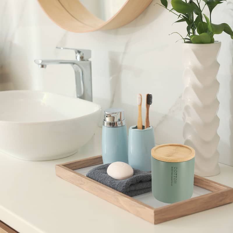 Sleek Cotton Pad Holder - Polyresin Bathroom Storage Container with Bamboo Lid - 4 L x 4 W x 4.6H