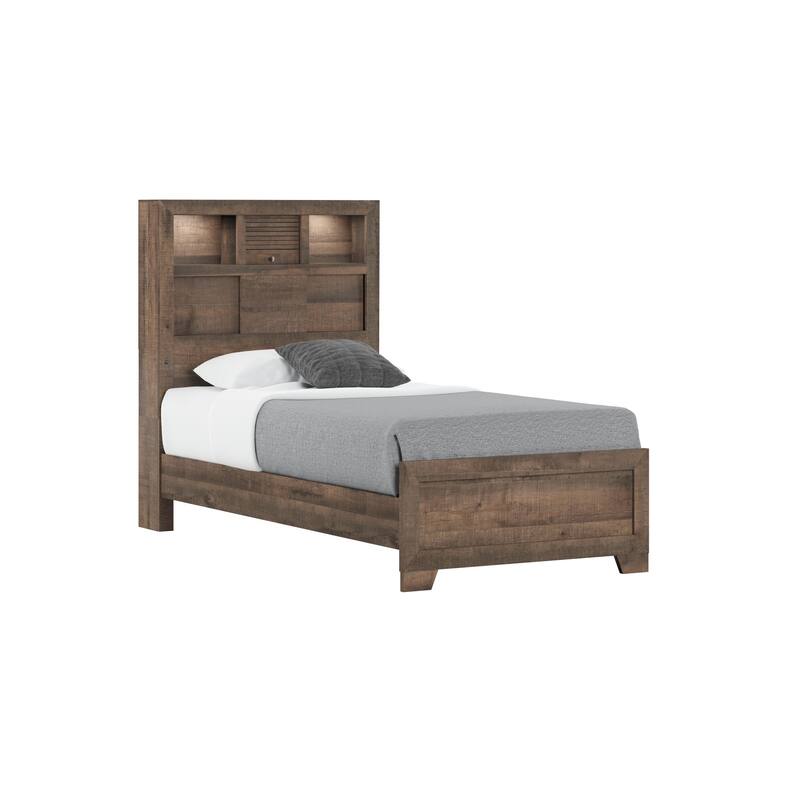 Twin Size Engineered Wood Bookcase Bed with Built-In Shelving and Casual Style - Brown