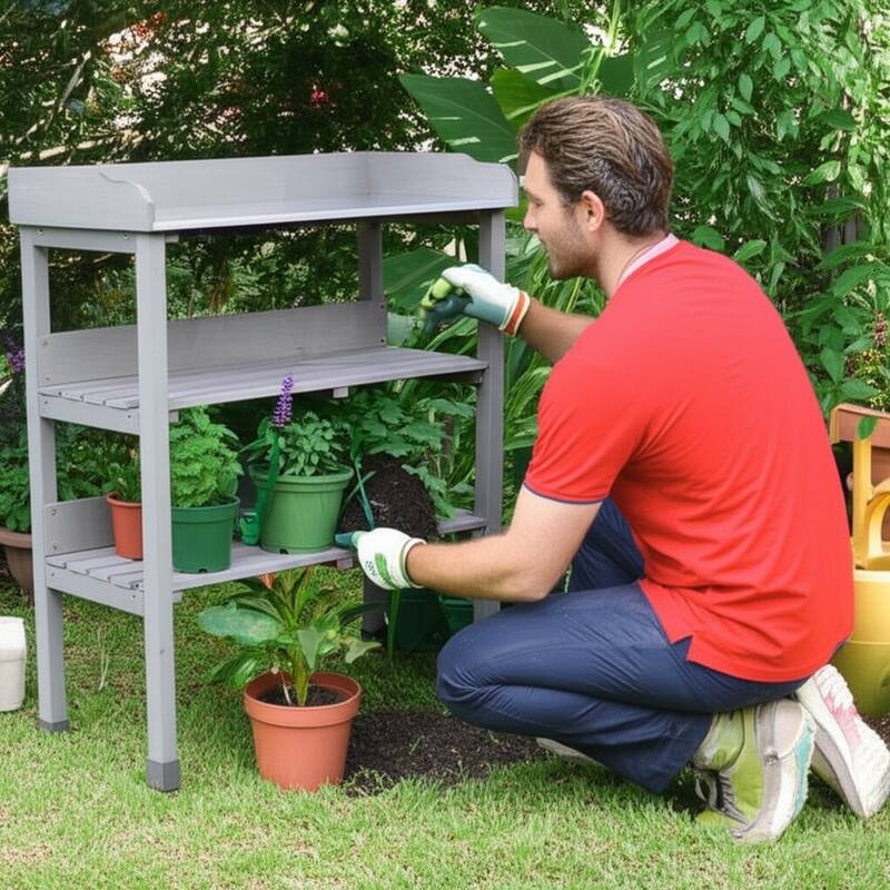 30″x14.5″×35.5″ Potting Table w/Metal Tabletop, 3 Layers Outdoor Work Bench
