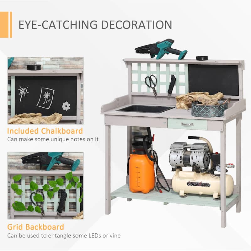 Outsunny Outdoor Rustic Wooden Potting Bench Garden Planting Potting Table with Sliding Drawer and Bottom Shelf Storage