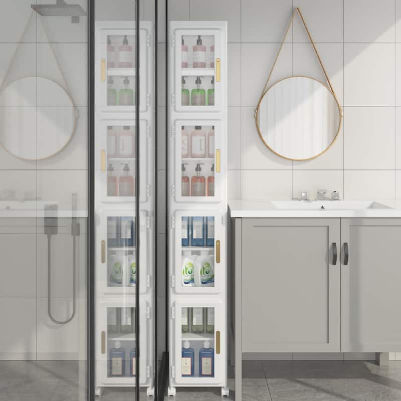 Slim Bathroom Storage Bins Movable Wheels, Tall Narrow Bathroom Storage Cabinet with Transparent Doors and Adjustable Shelf