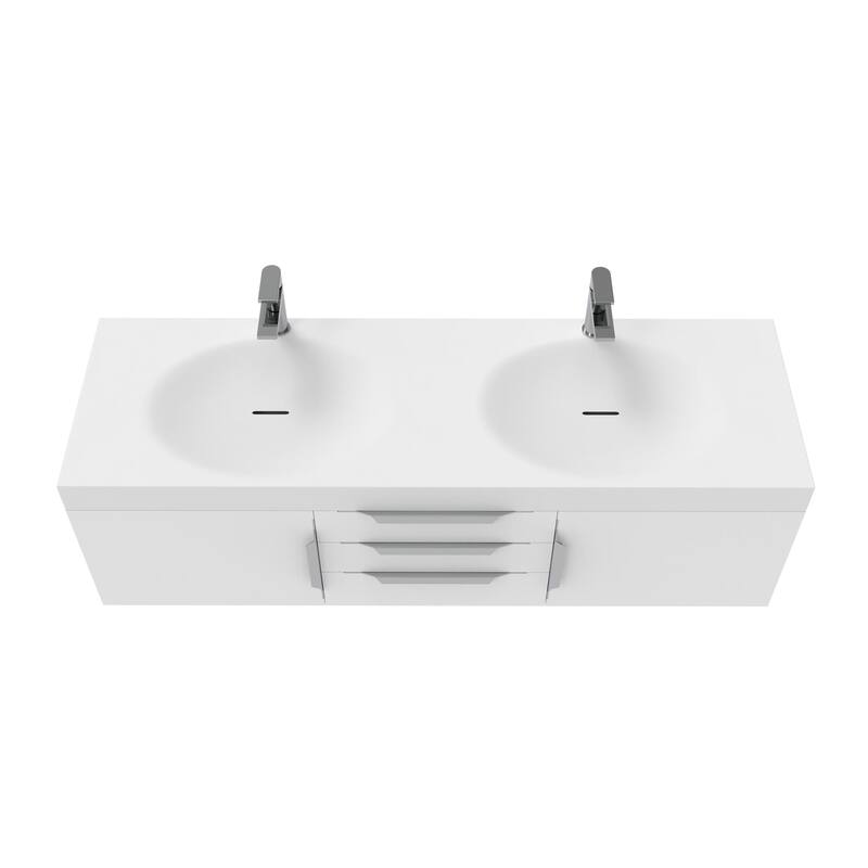 Thames 60" Shallow Basin Wall Mounted Bathroom Vanity Set w/ White Top