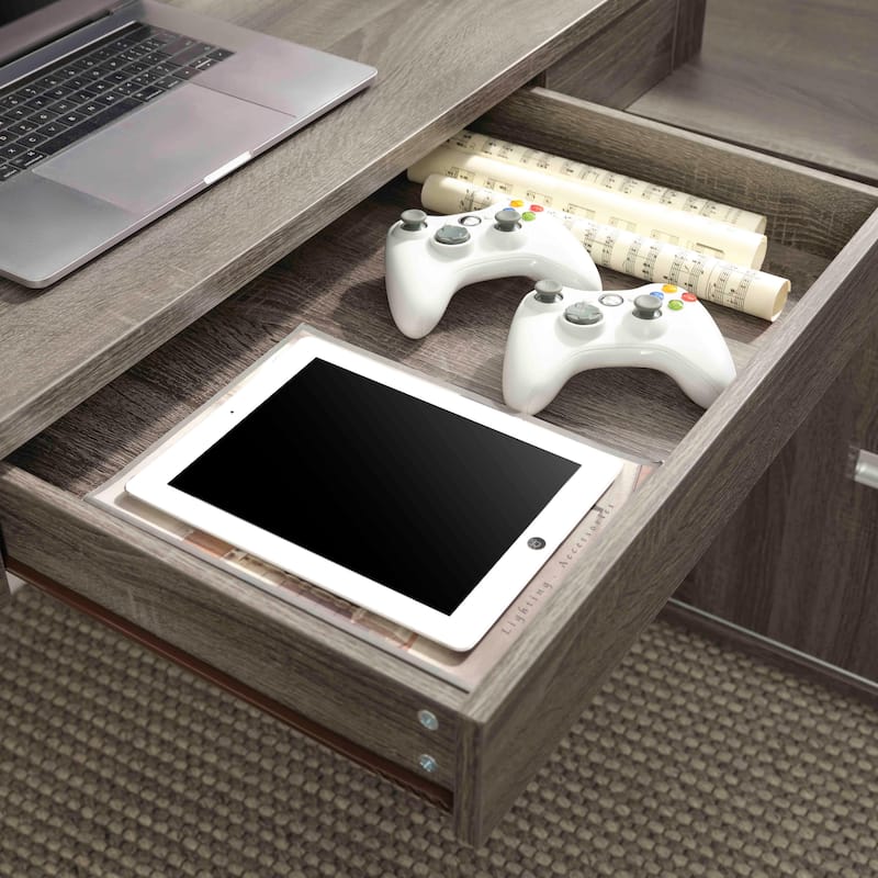 L-Shaped Home Office Desk with Sliding Door aluminum and Aluminum Grip