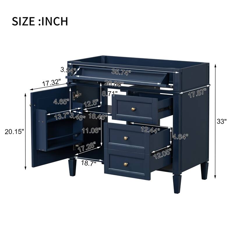 35.74-Inch Modern Bathroom Vanity with 3 Drawers, Tip-Out Drawer, Adjustable Shelf, and Exquisite Roman Leg Design