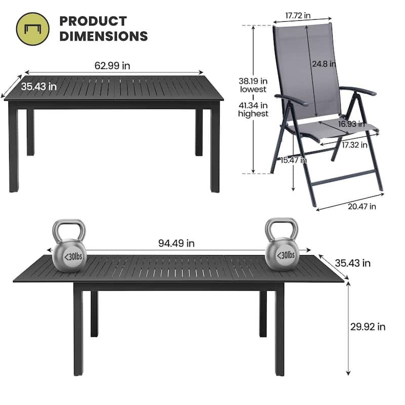 9PCS Outdoor Dining Set Rectangular Expandable Aluminum Table with Adjustable Folding Chairs