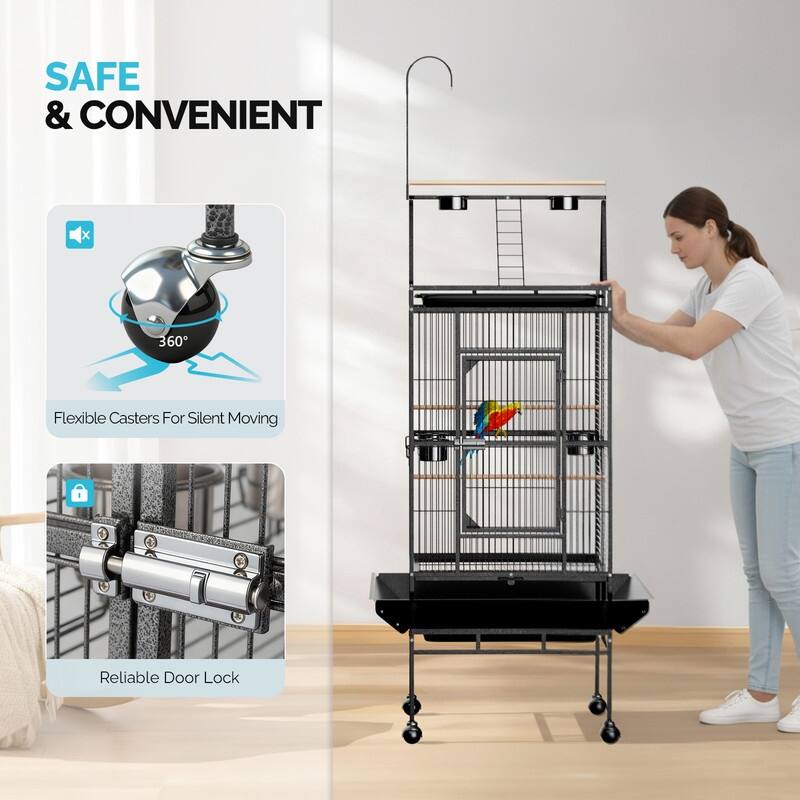 68in Wrought Iron Bird Cage with Playtop, Large Flight Cage with 5 Feeders & Ladder & Rolling Stand, for Small/Medium Birds