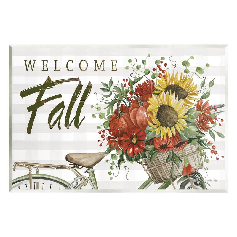 Stupell Industries Welcome Fall Autumnal Flower Assortment Bicycle Basket Wood Wall Art, Design by Cindy Jacobs - 15 x 10